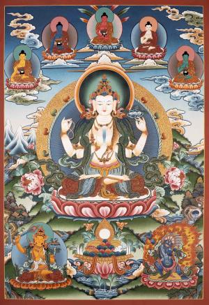 Avalokiteshvara Chengrezig Flanked By Mahakala And Other Bodhisattvas